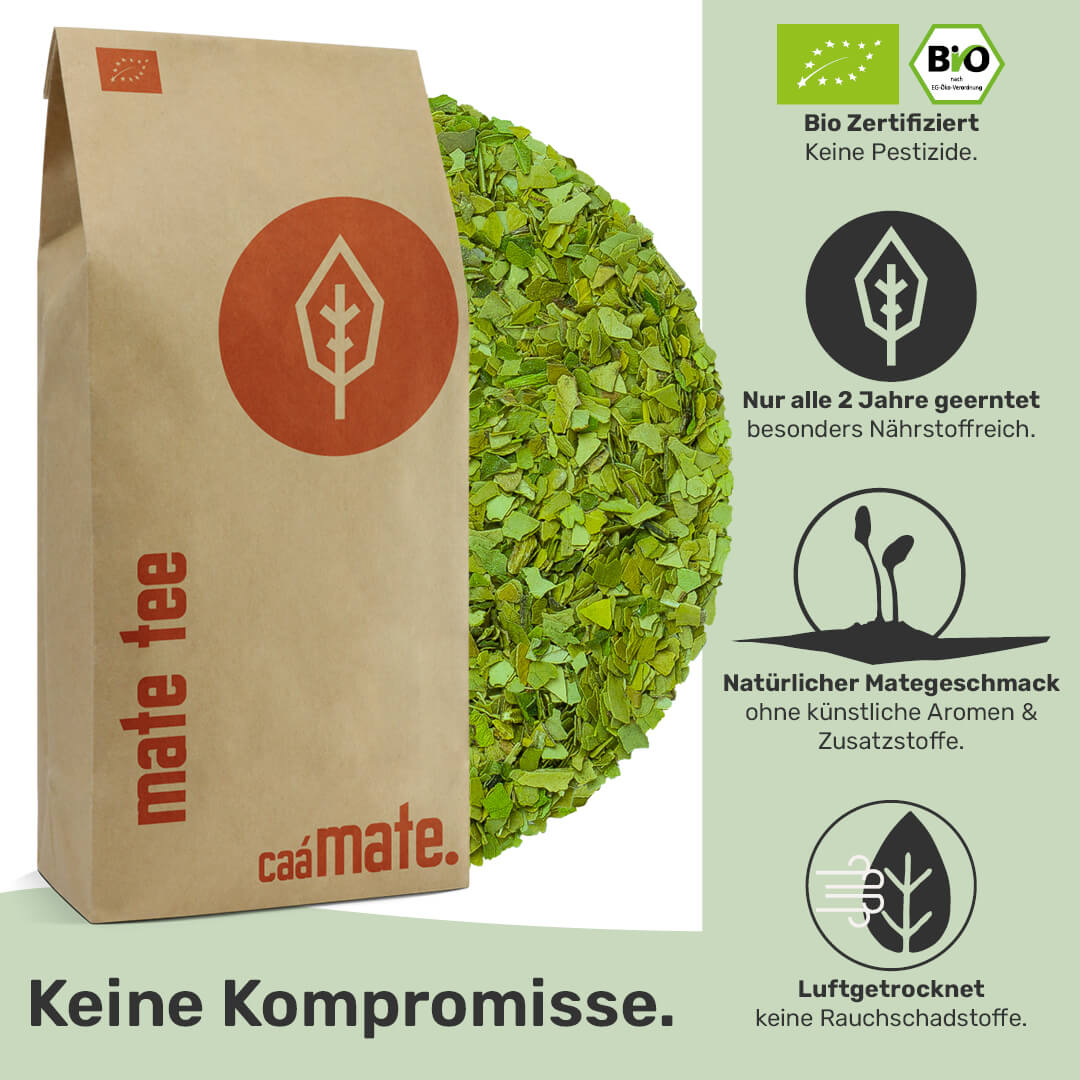 Mate Tee gruen bio-zertifiziert nur alle zwei jahre geerntet ohne künstliche Aromen und Zusatzstoffen Luftgetrocknet